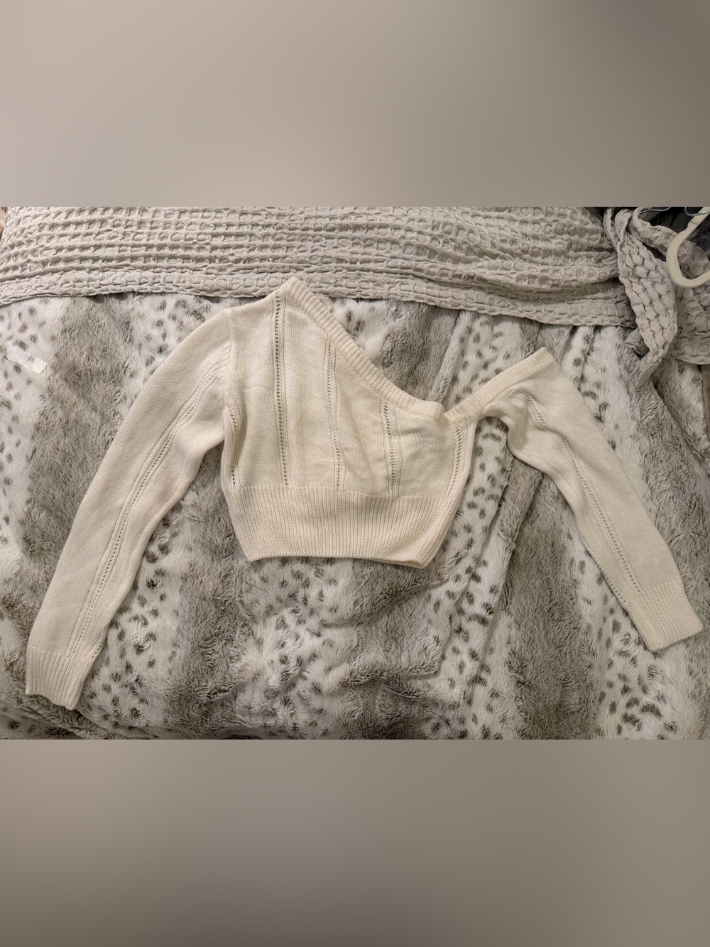 Cream Off Shoulder Knit Crop Sweater Balletcore Coquette Openwork Long Sleeve